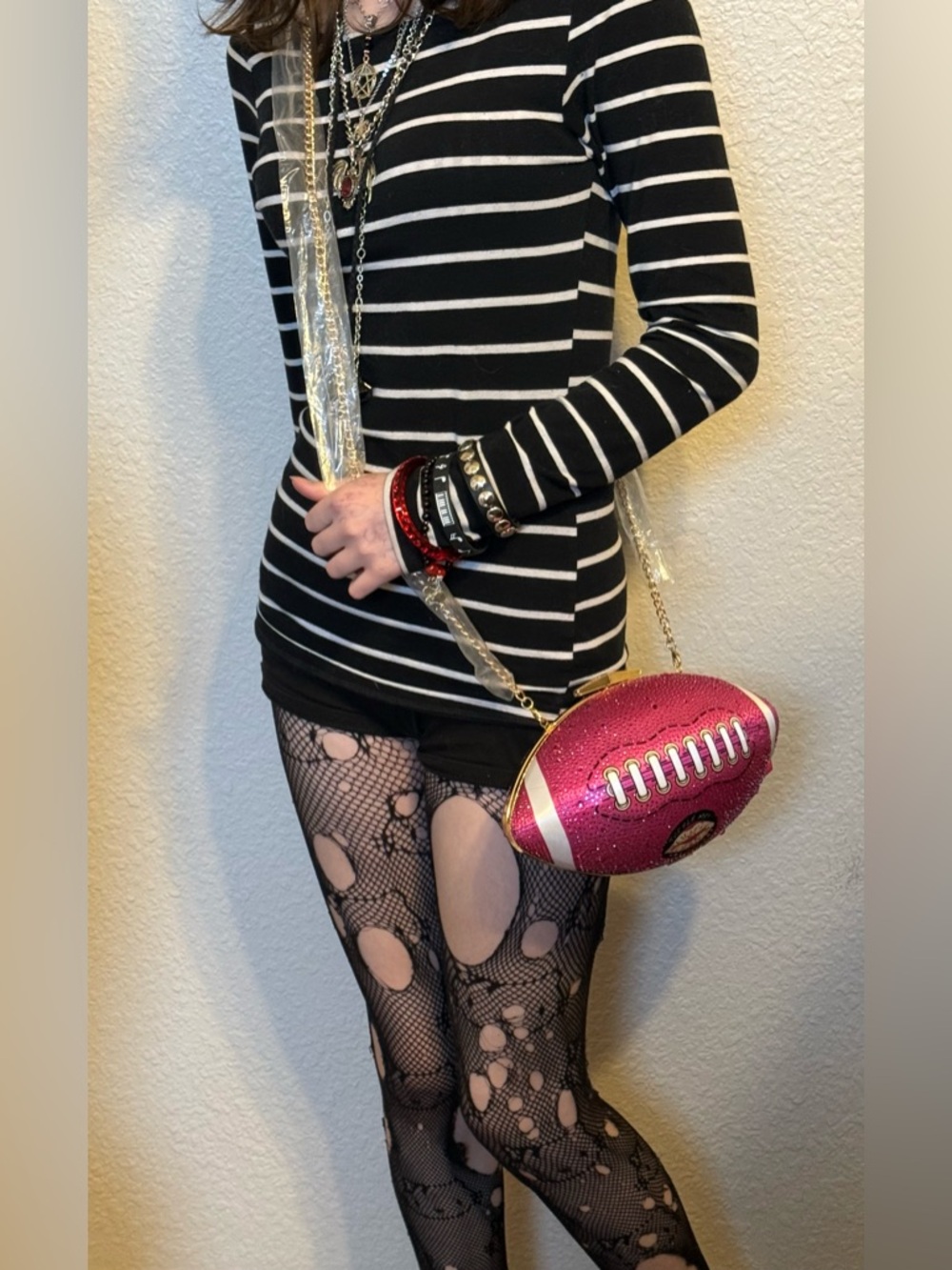 NWT BetseyJohnson Kitsch End Zone Football Rhinestone Clutch Shoulder Bag Chain